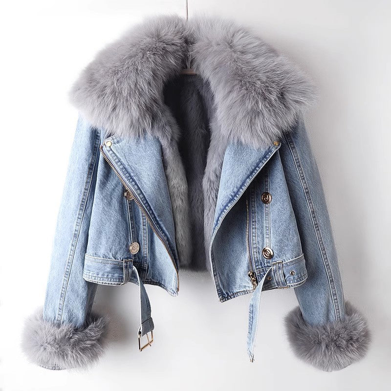 Women's Denim Jacket with Faux Fur Collar – Cropped Trucker