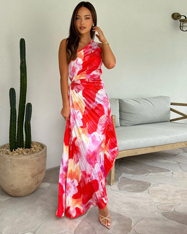 Women's Printed Asymmetrical Pleated Dress - Tropical Evening Charm