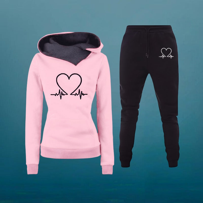Women's Heart Print Two-Piece Jogger Set - Cozy Everyday Comfort