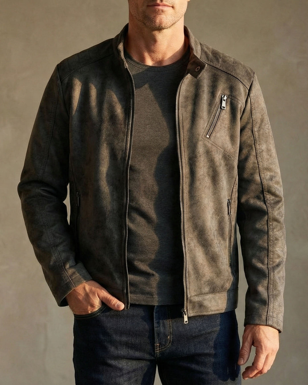 Men's Suede Jacket – Zip-Front Tailored Layering Jacket