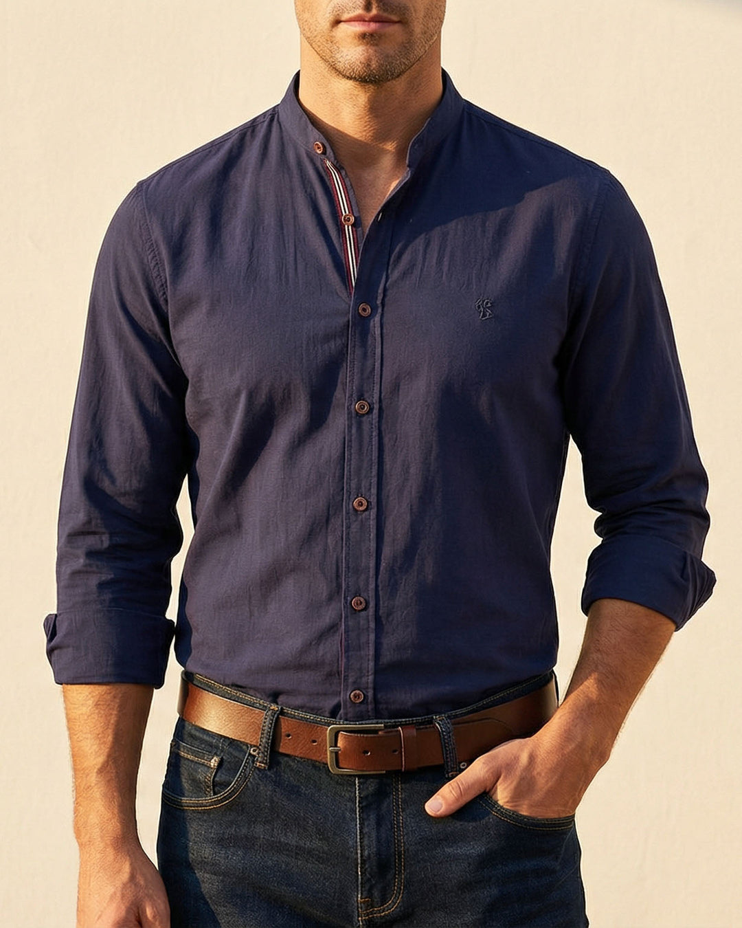Men's Cotton Band Collar Shirt – Grandad Collar Casual Shirt