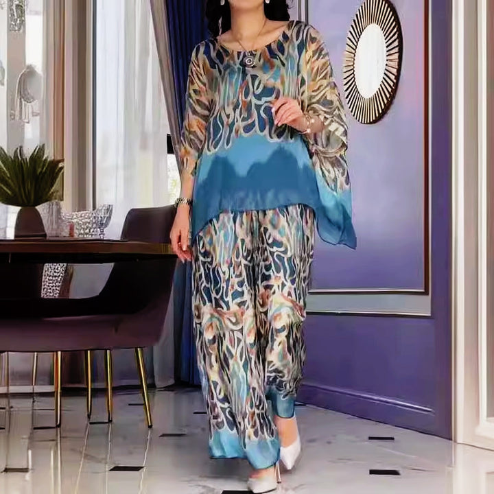 Women's Abstract Print Flowy Two-Piece Set - Effortless Elegance