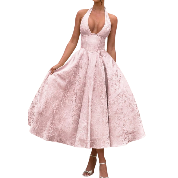 Women's Embroidered Halter V-Neck Evening Dress - Black Tie Gala