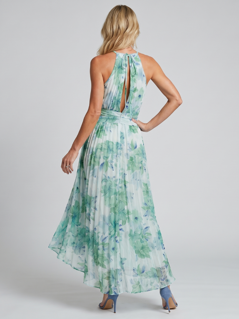 Women's Floral Pleated Halter Midi Dress - Effortless Warm-Weather