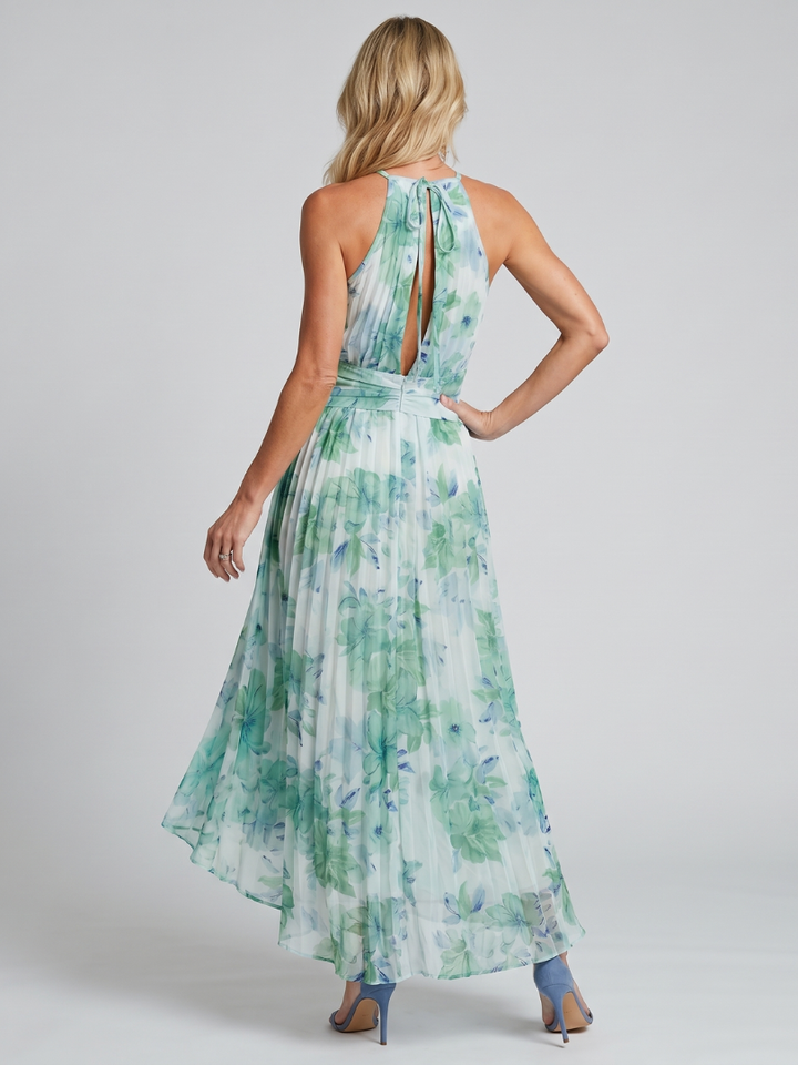 Women's Floral Pleated Halter Midi Dress - Effortless Warm-Weather
