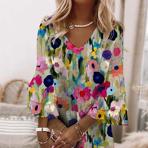 Women's Floral V-Neck Mini Dress - Effortless Everyday Style