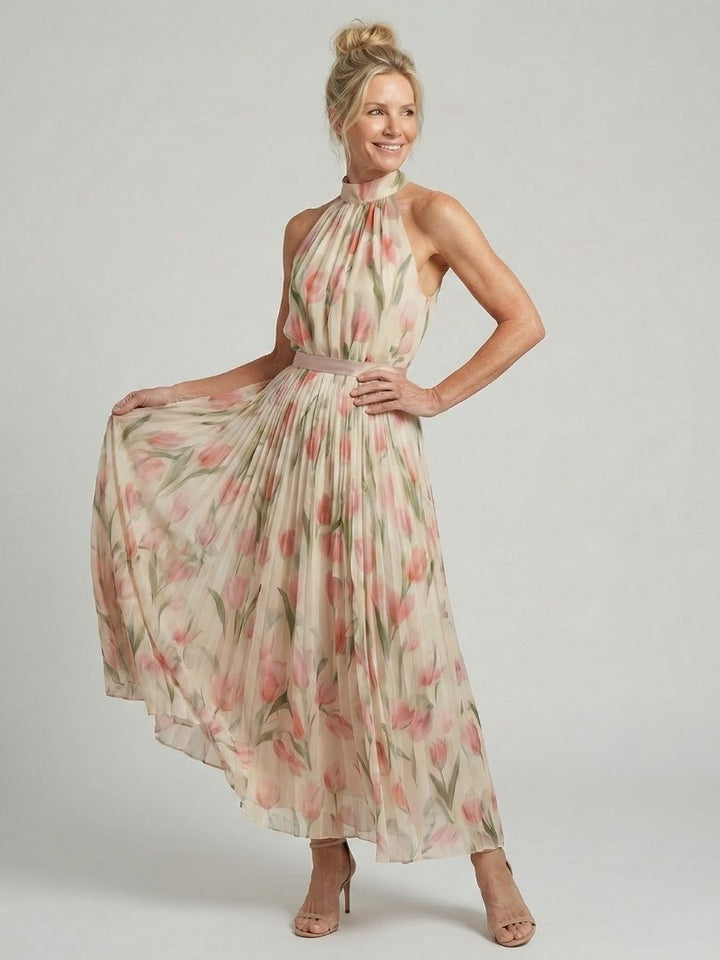 Women's Floral Halter Neck Midi Dress - Breezy Warm Weather Staple