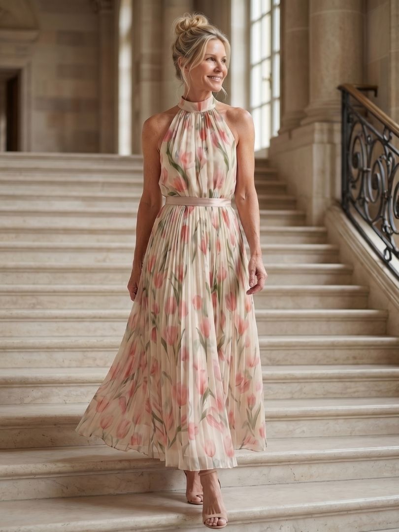 Women's Floral Halter Neck Midi Dress - Breezy Warm Weather Staple