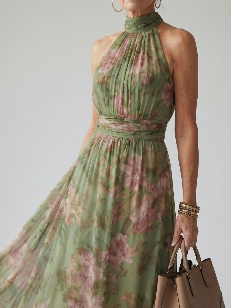 Women's Floral Gathered Halter Midi Dress - Effortless Summer Style