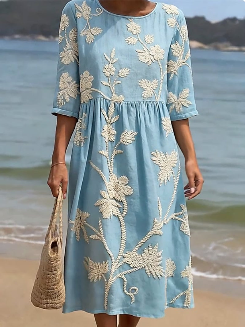 Women's Floral Embroidered Linen Midi Dress - Elegant Summer