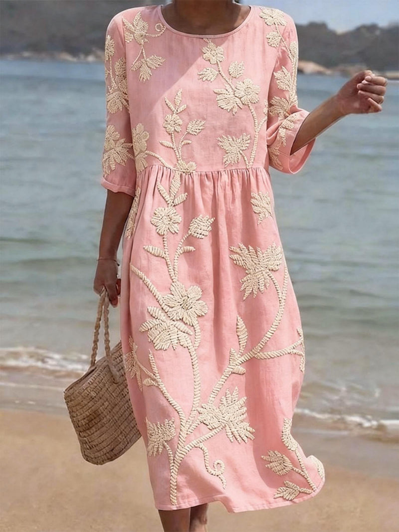 Women's Floral Embroidered Linen Midi Dress - Elegant Summer
