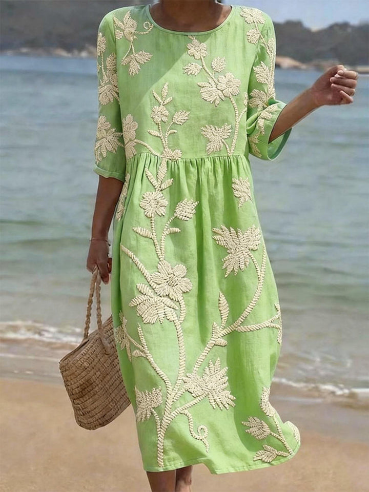Women's Floral Embroidered Linen Midi Dress - Elegant Summer