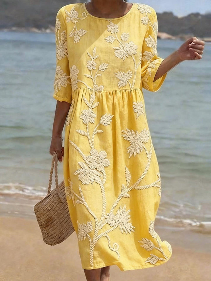 Women's Floral Embroidered Midi Dress - Soft Coastal Charm