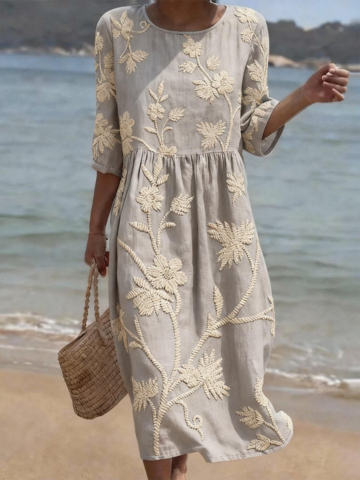 Women's Floral Embroidered Midi Dress - Soft Coastal Charm
