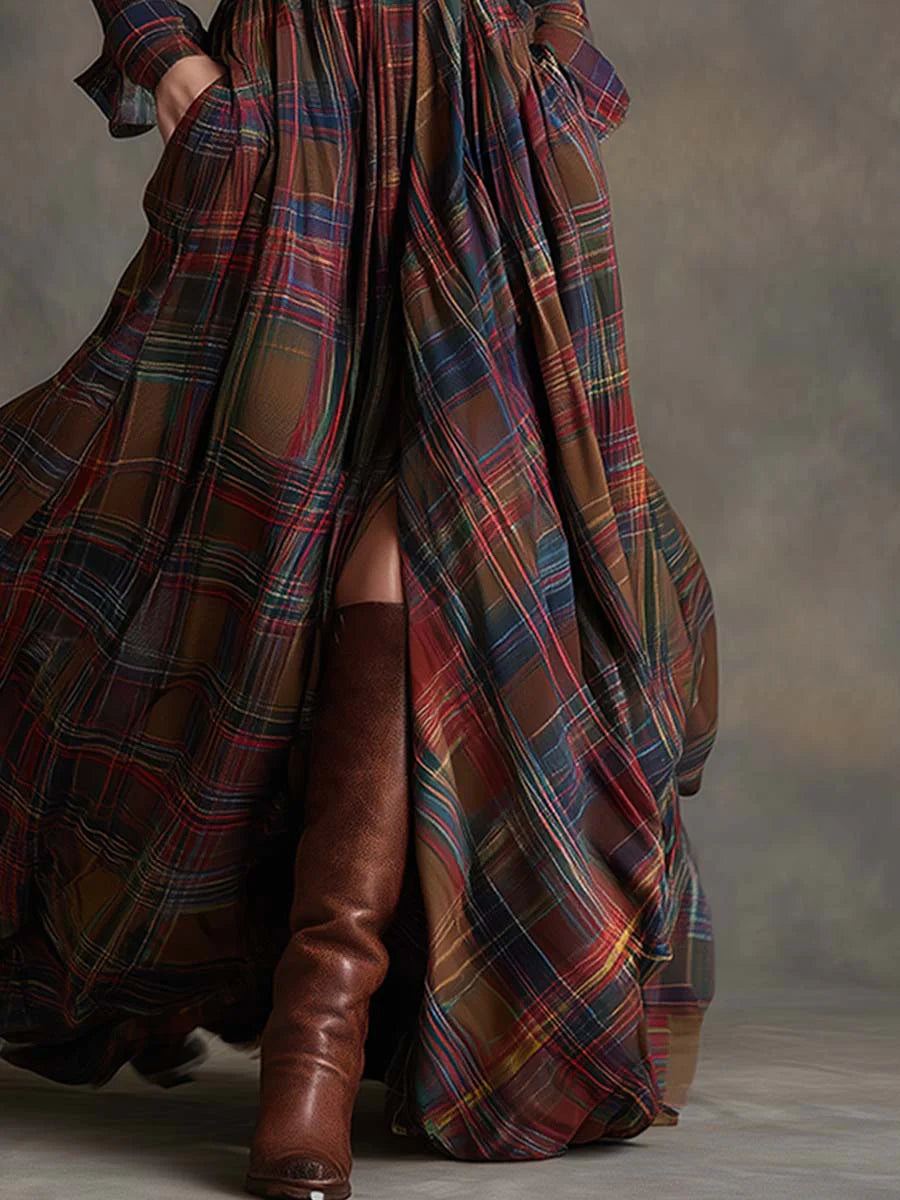 Women's Plaid Maxi Dress with Belt - Flowing & Free-Spirited