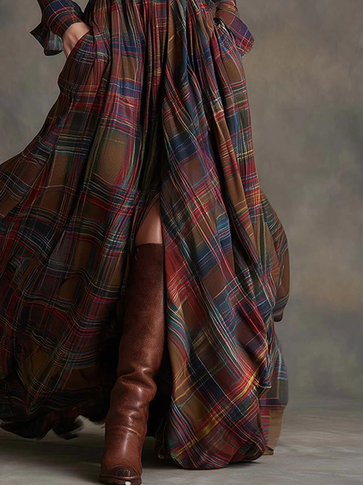 Women's Plaid Maxi Dress with Belt - Flowing & Free-Spirited