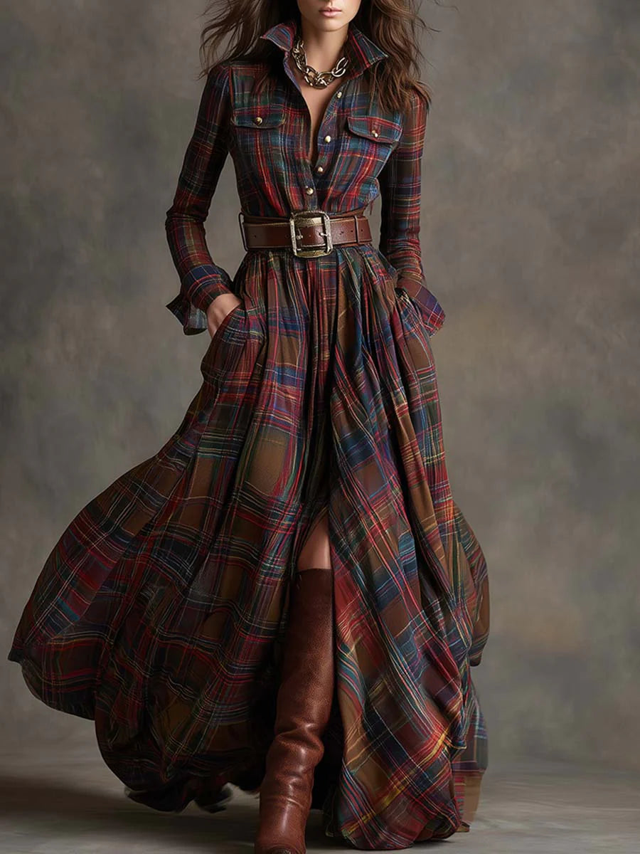 Women's Plaid Maxi Dress with Belt - Flowing & Free-Spirited