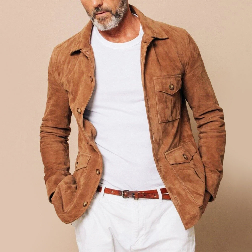 Men's Faux Suede Jacket – Soft Velour Four-Pocket Button Front