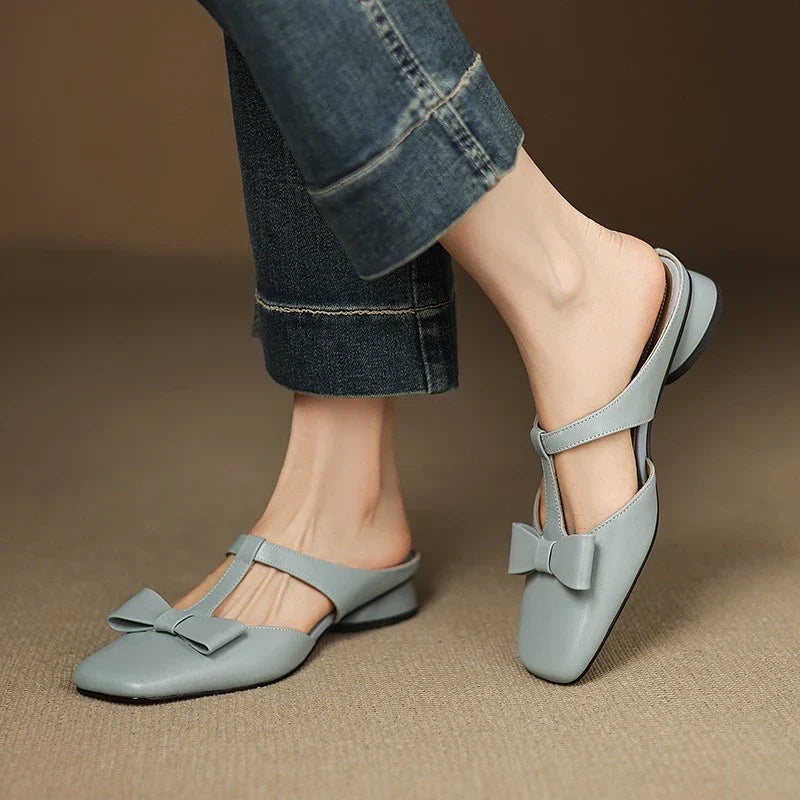 Women's Leather T-Strap Mules – Square Toe Block Heel