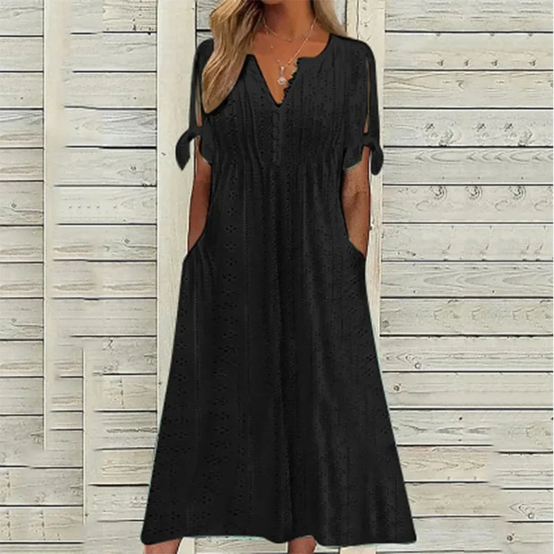 Women's Cotton Midi Dress with Draped Neckline - Effortless Elegance