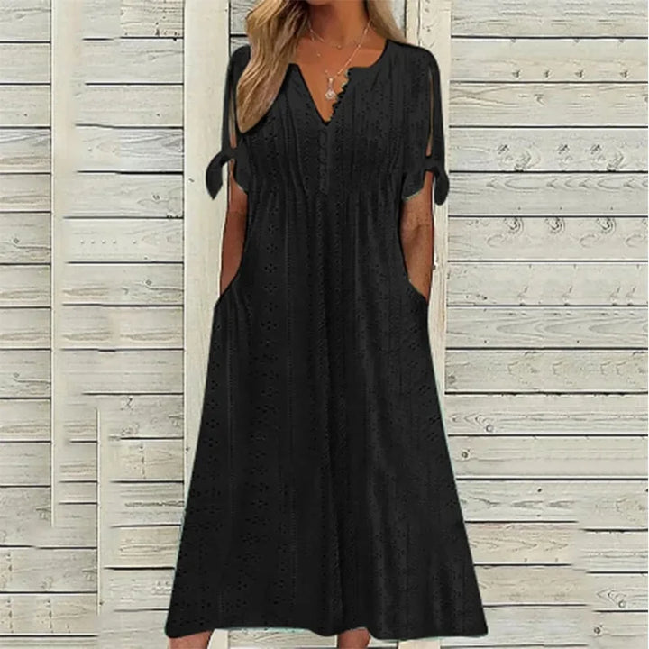 Women's Cotton Midi Dress with Draped Neckline - Effortless Elegance