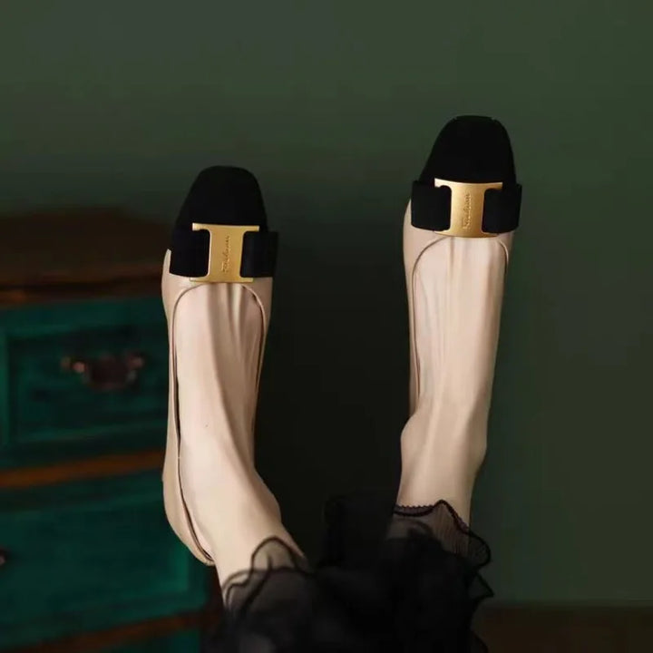 Women's Silk Flats with Square Buckle - Effortless Elegance