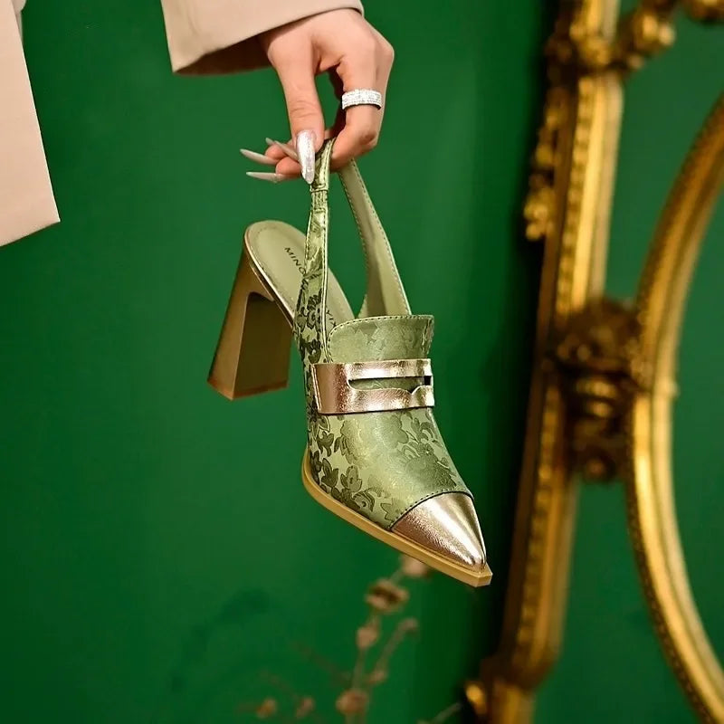 Women's Satin Marigold Accented Block Heels - Elegant Evening