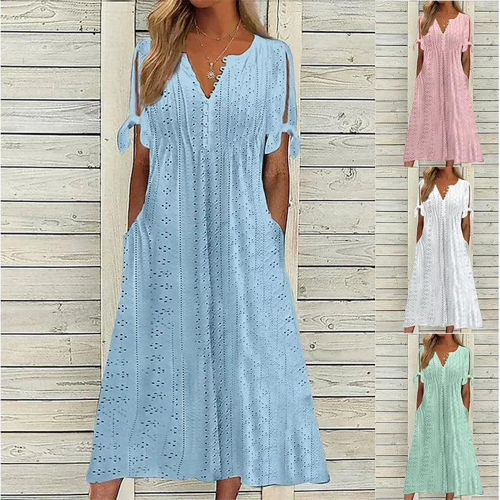 Women's Cotton Midi Dress with Draped Neckline - Effortless Elegance
