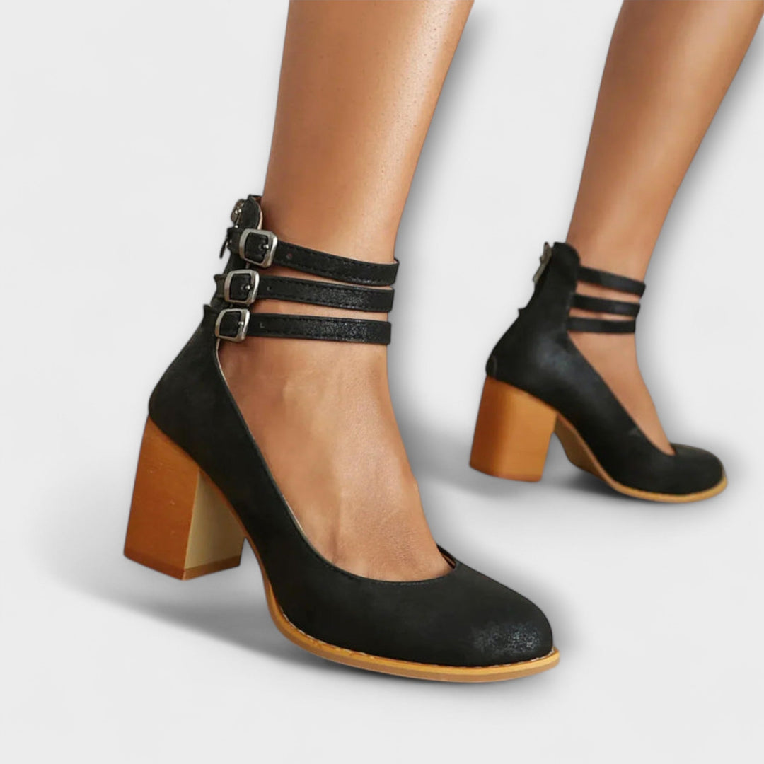 Women's Leather Pumps with Ankle Strap - Elegant Block Heel