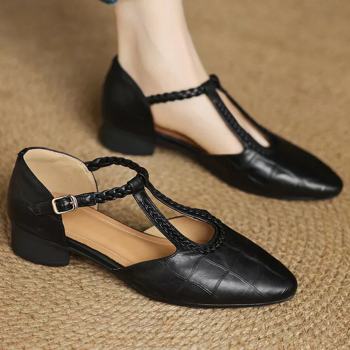 Women's Leather Braided T-Strap Sandals - Elegant Everyday Style