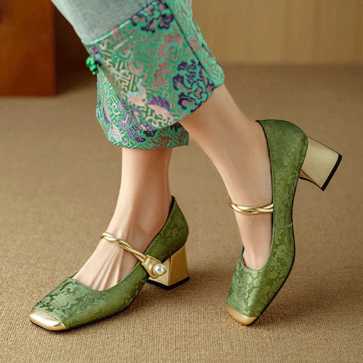 Women's Floral Embossed Square Toe Heels - Elegant Block Heel