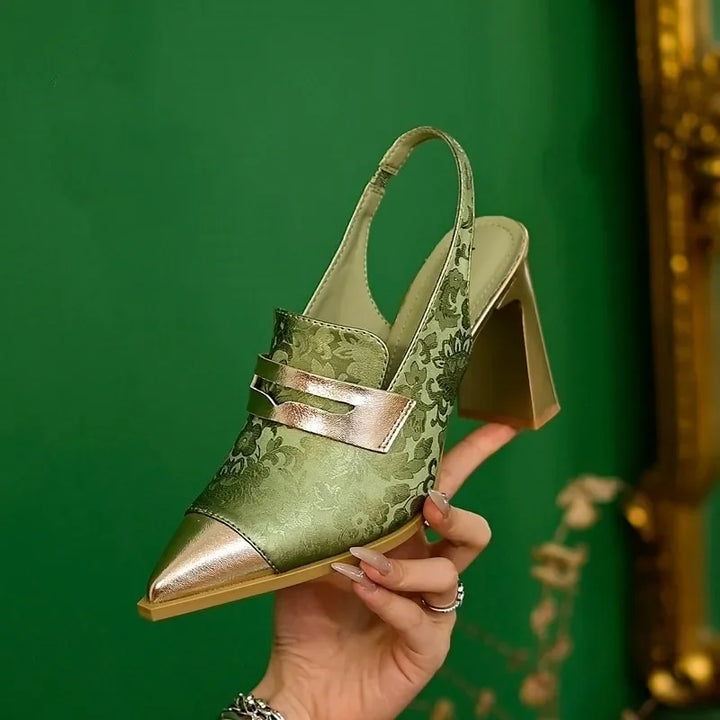 Women's Satin Marigold Accented Block Heels - Elegant Evening