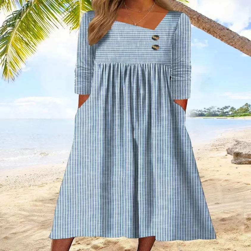 Women's Striped Cotton Midi Dress - Relaxed Everyday Elegance
