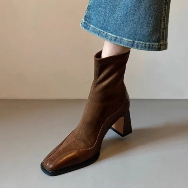 Women's Spliced Suede Boots - Structured Square Toe Block Heel