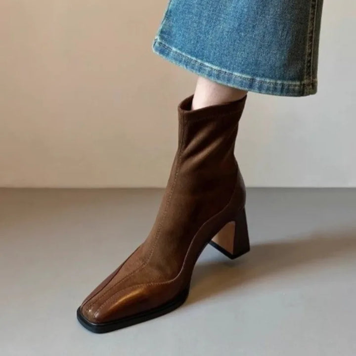Women's Spliced Suede Boots - Structured Square Toe Block Heel