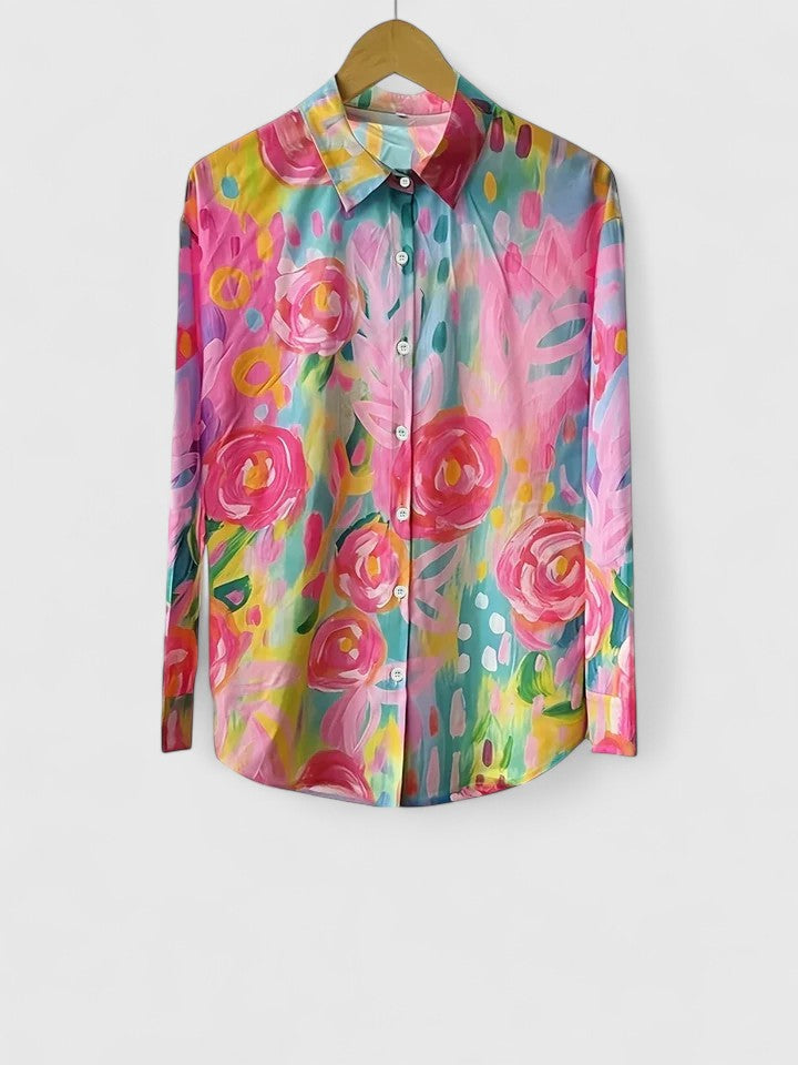 Women's Artistic Print Button-Up Blouse - Effortless Everyday