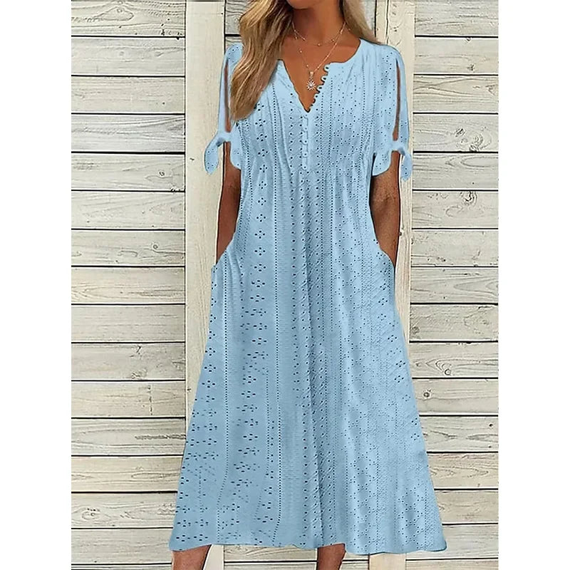 Women's Cotton Midi Dress with Draped Neckline - Effortless Elegance