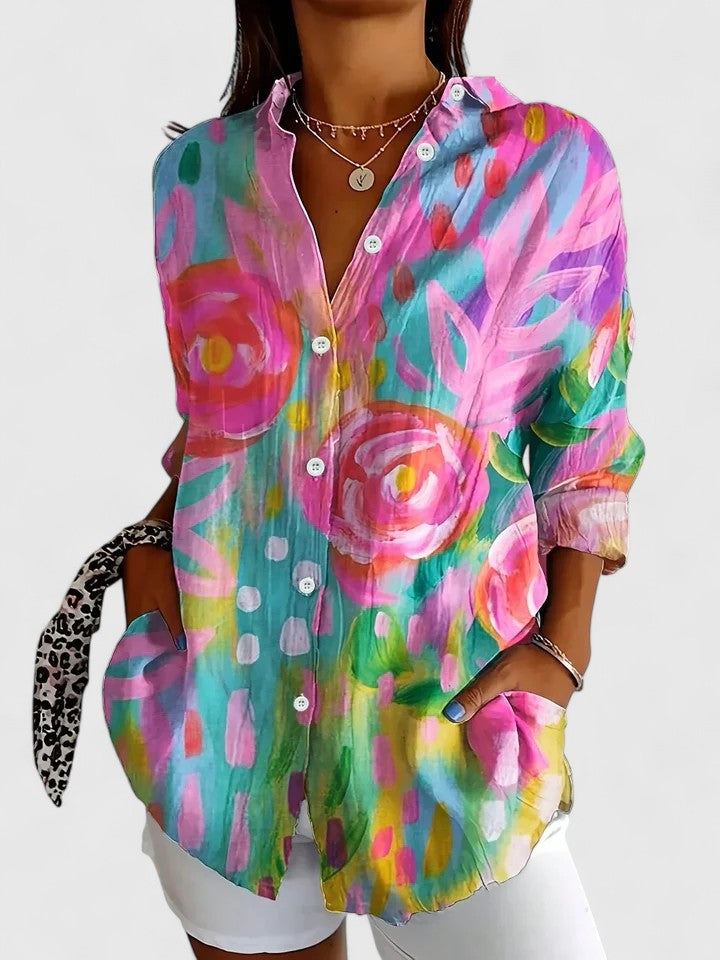Women's Artistic Print Button-Up Blouse - Effortless Everyday