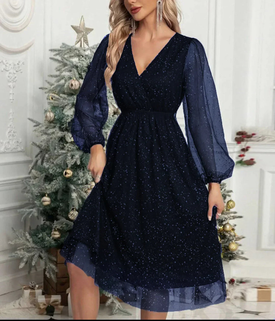 Women's Mesh-Sleeve V-Neck Evening Dress - Festive Elegance