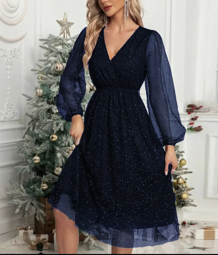 Women's Mesh-Sleeve V-Neck Evening Dress - Festive Elegance