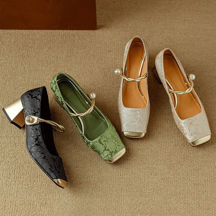 Women's Floral Embossed Square Toe Heels - Elegant Block Heel