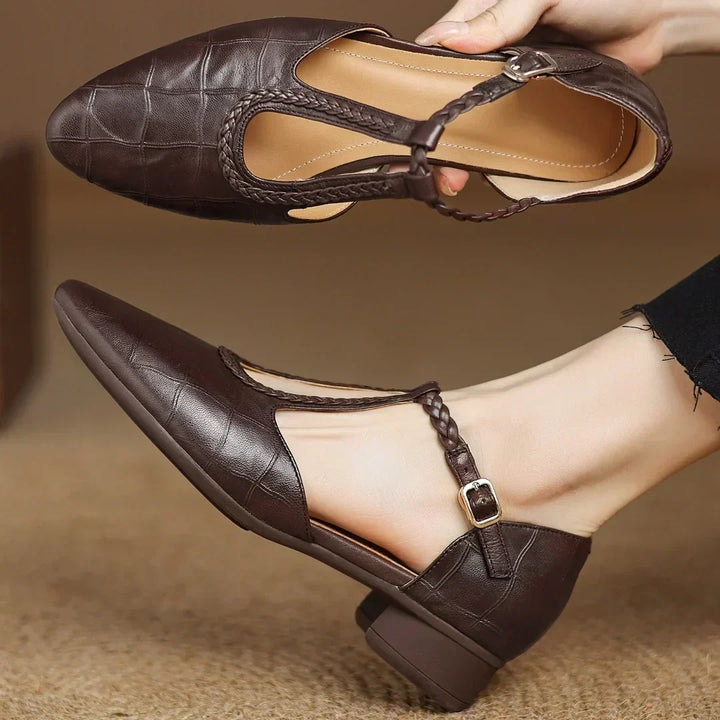 Women's Leather Braided T-Strap Sandals - Elegant Everyday Style