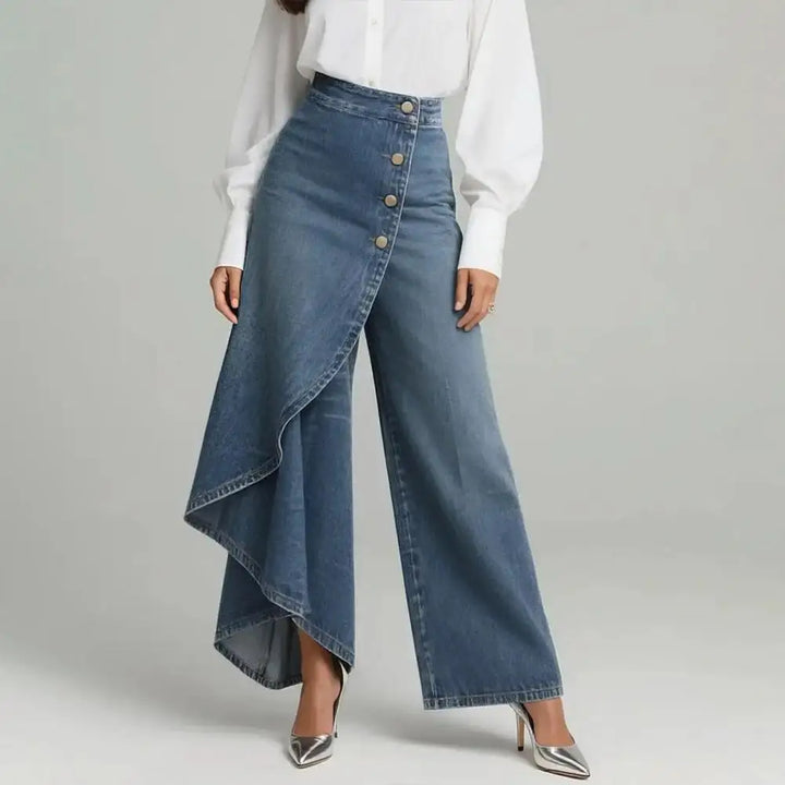 Women's High-Waisted Denim Jeans with Asymmetrical Ruffled Hem