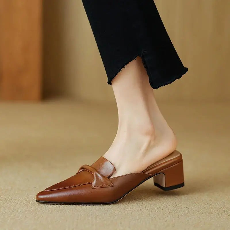 Women's Genuine Leather Mules - Elegant Mid-Heel with Bow Detail