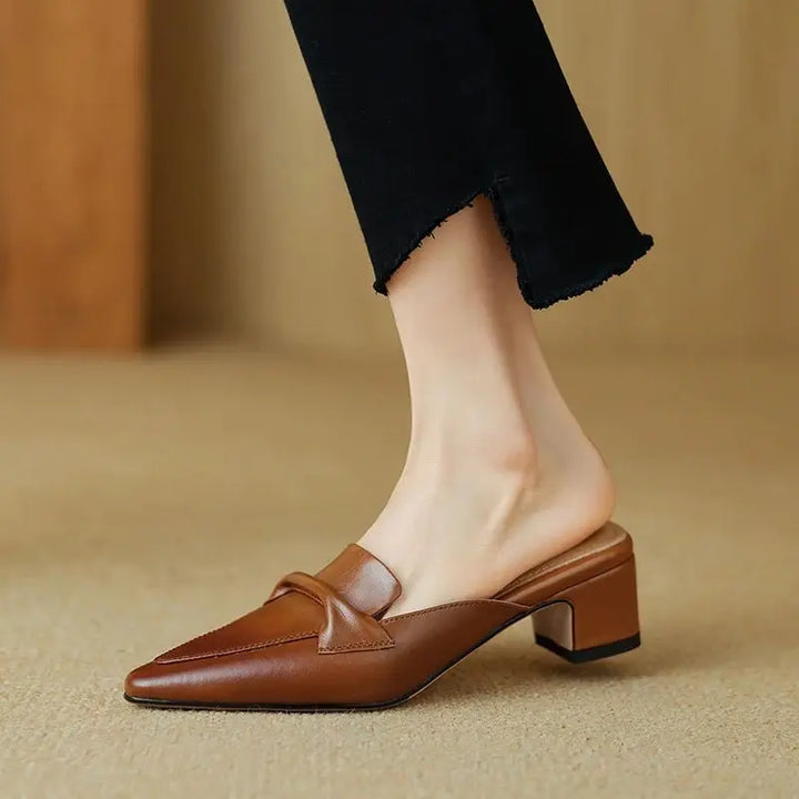 Women's Genuine Leather Mules - Elegant Mid-Heel with Bow Detail