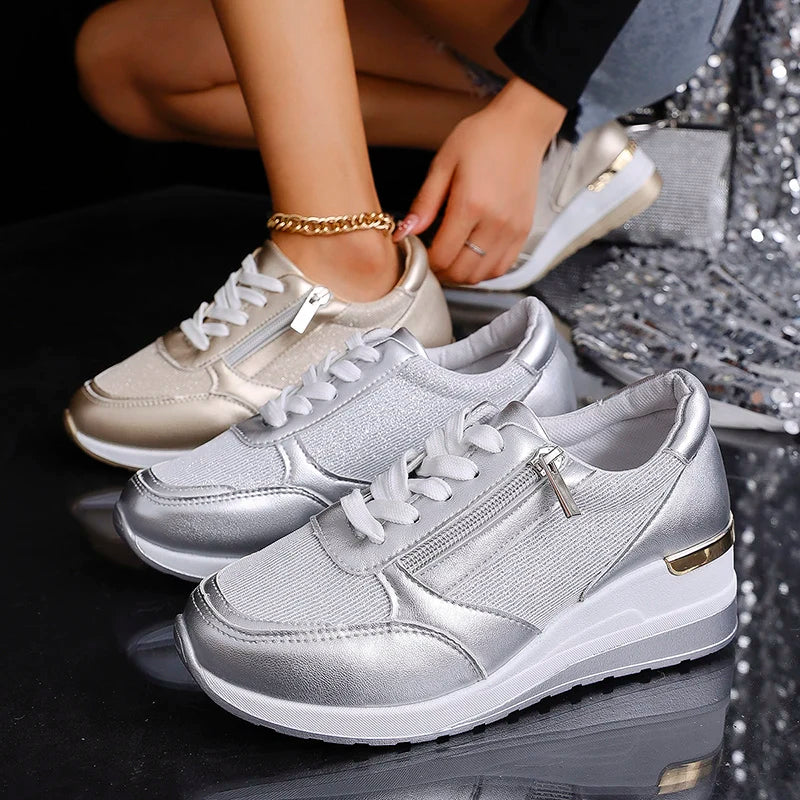 Women's Metallic Platform Sneakers - Sleek & Cushioned