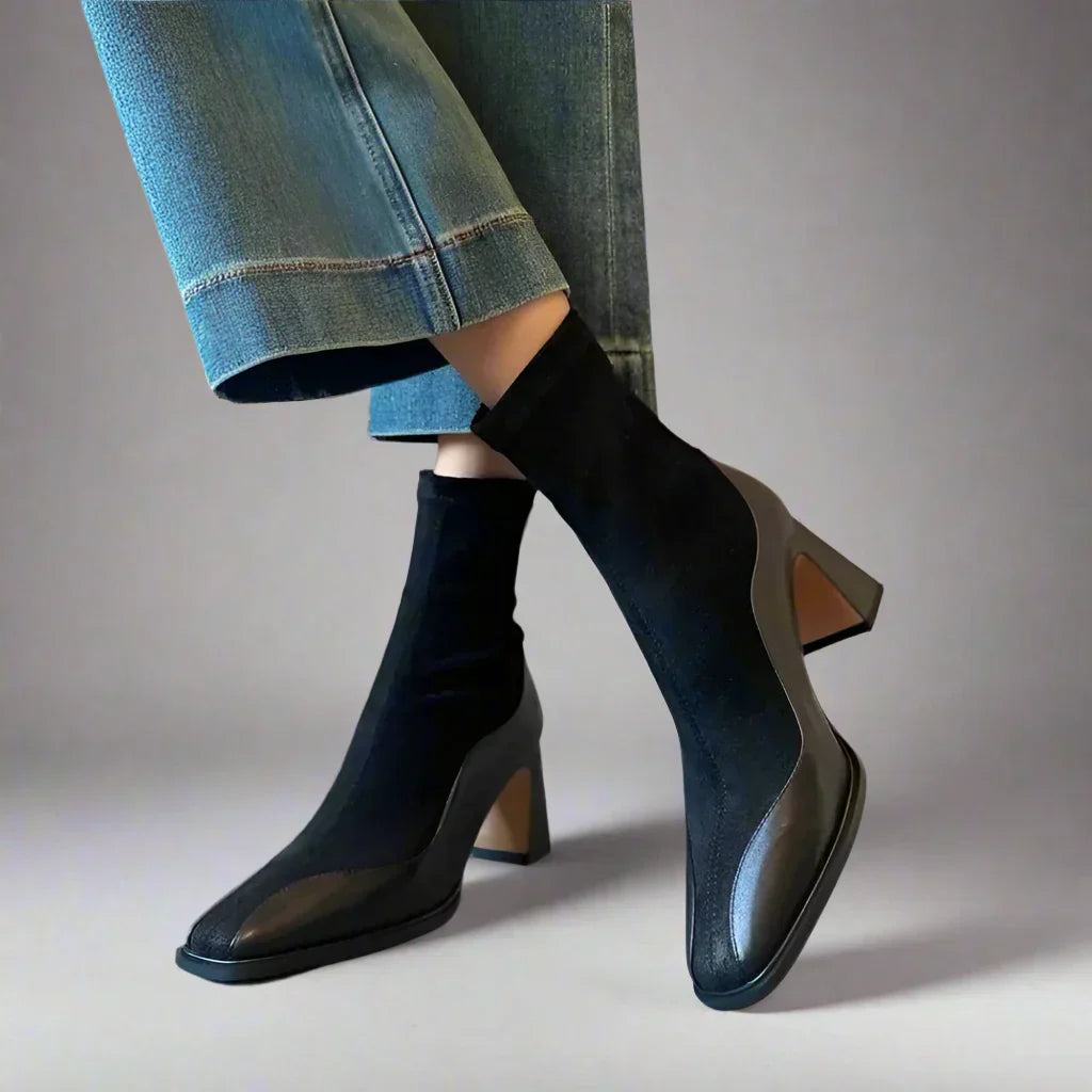 Women's Spliced Suede Boots - Structured Square Toe Block Heel