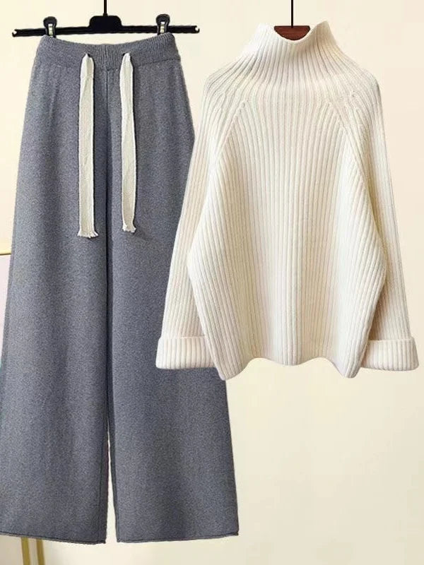 Women's Knit Two-Piece Set - Cozy Turtleneck & Wide-Leg Pants