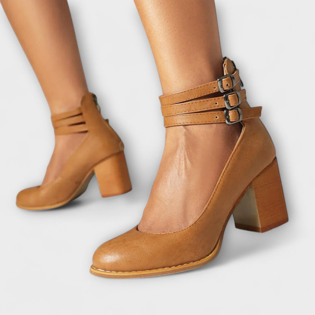 Women's Leather Pumps with Ankle Strap - Elegant Block Heel