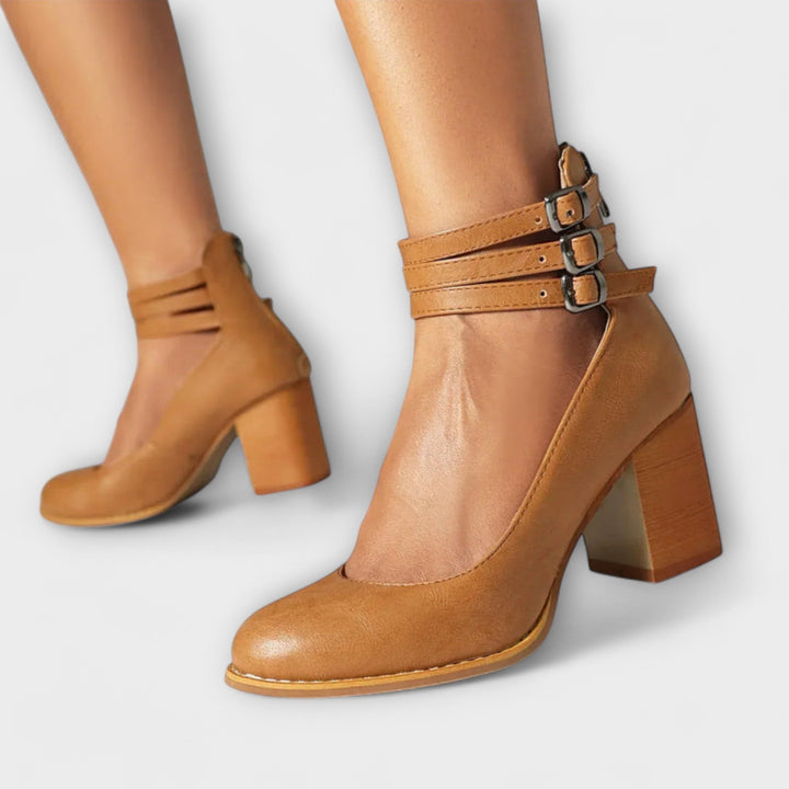 Women's Leather Pumps with Ankle Strap - Elegant Block Heel